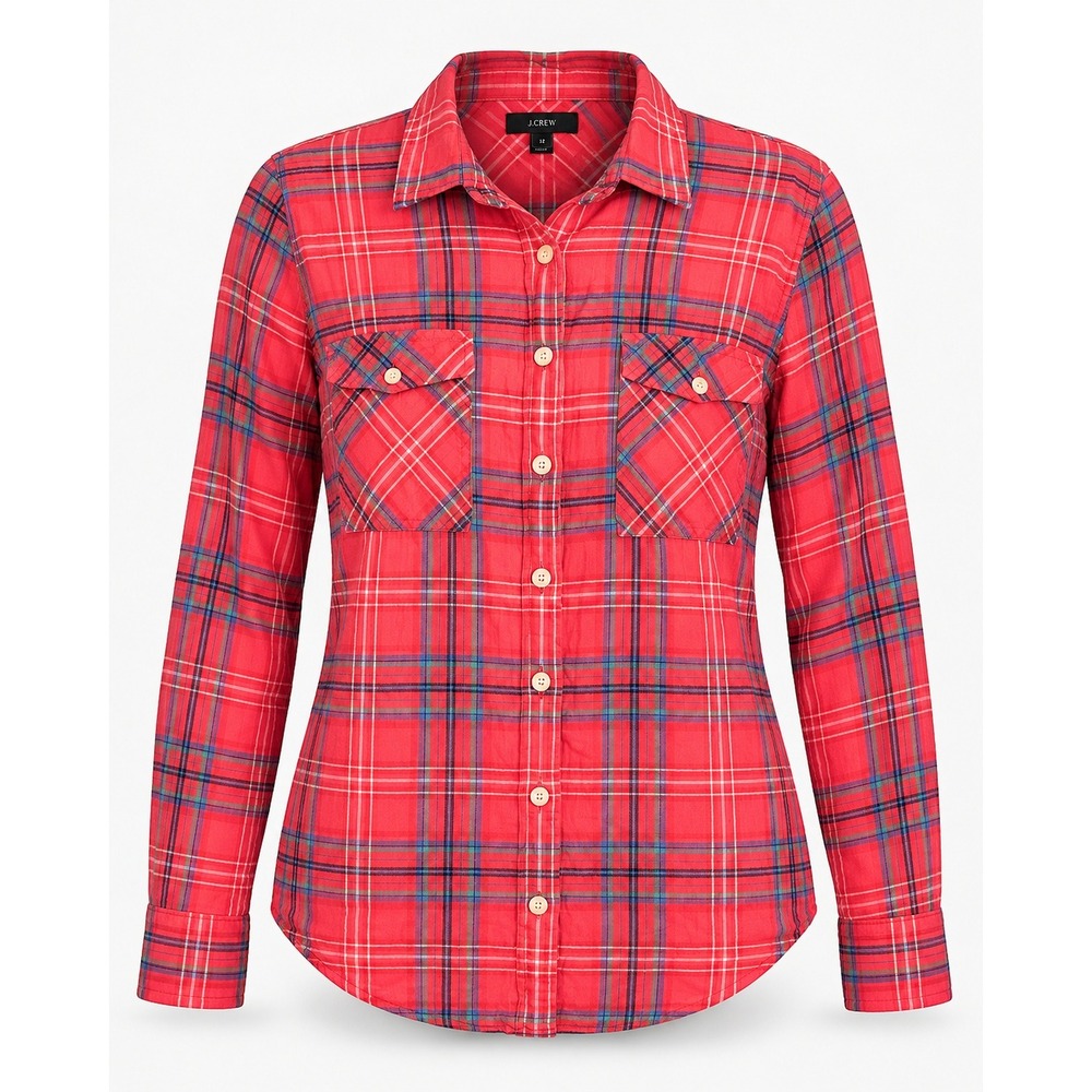 J.Crew Women 12 Red Plaid Button Down Shirt Cotton Stretch Long Sleeve